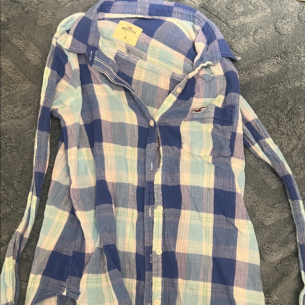 Hollister Blue and White Checkered Plaid Shirt